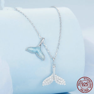 Whale Mermaid Tails Pave' Sky Blue Sterling Silver Necklace