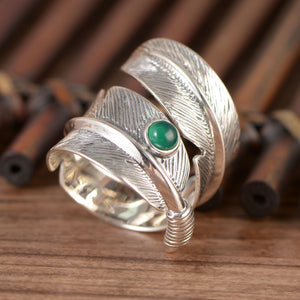 S925 Inlaid Green Agate Feather Ring