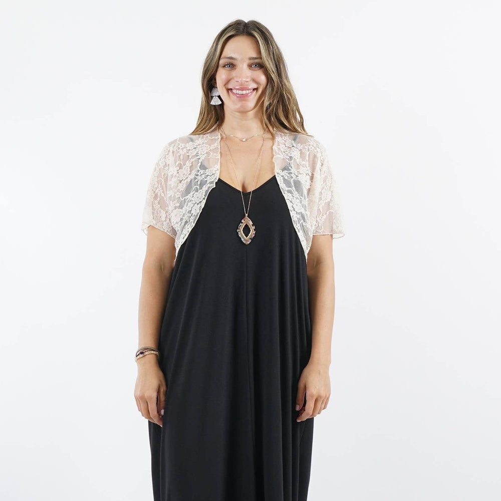 Cardigan boléro en dentelle rose (grande taille)