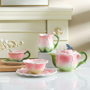 Juego de ollas y platos de taza de agua con marca de café de cerámica rosa