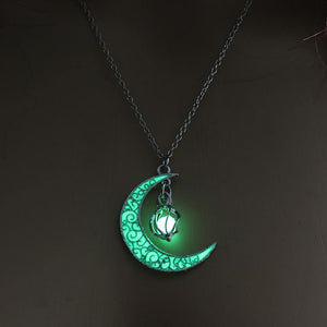 Glowing Crescent Moon Heart Owl Pendant Necklace