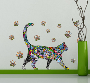 Décalcomanie murale chat et pattes à motif coloré