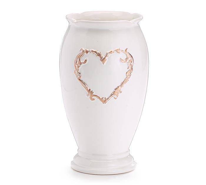 Jarrón de cerámica con corazón en relieve dorado