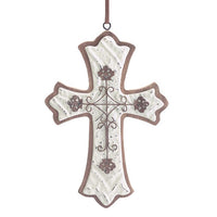 Ornement en forme de croix en étain et bois en relief