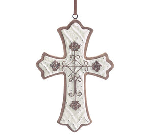 Ornement en forme de croix en étain et bois en relief