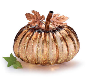 Light-up Glass Pumpkin with Metal Leaves