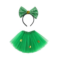 Irish Set Shamrock Sequined Big Bow Headband Three Tier Gauze Skirt
