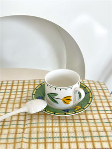 Vintage Hand Painted Tulip Green Cup And Saucer