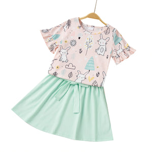 Conjunto de falda y camiseta con estampado de conejito de primavera (niño pequeño/niño)