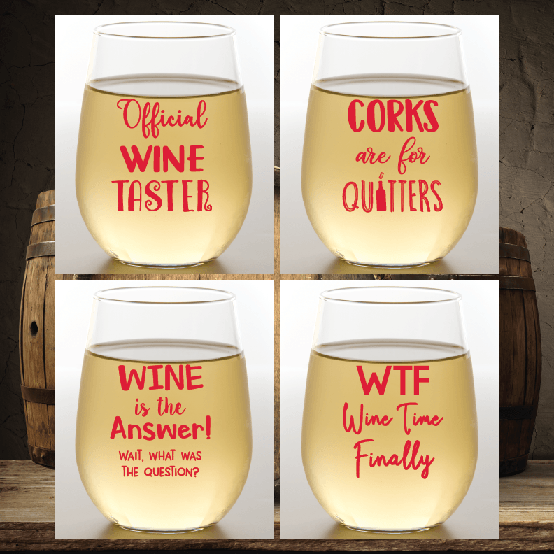WINE SAYINGS Stemless Shatterproof Wine Glasses (4 Pack)
