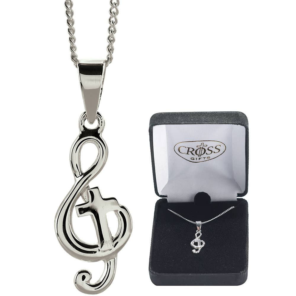 Silver Plated Cross With Musical Staff Necklace