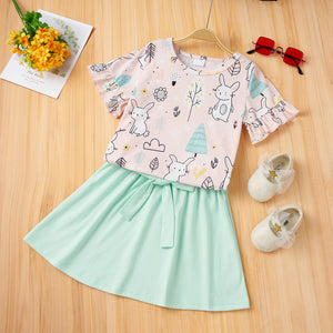 Conjunto de falda y camiseta con estampado de conejito de primavera (niño pequeño/niño)