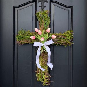 Easter Front Door Cross Wreath Spring Tulips
