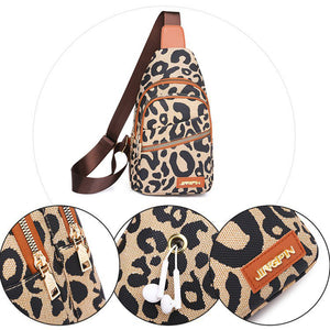Leopard Print Sling Chest Bag With Headphone Jack Crossbody Backpack Shoulder Bag Women