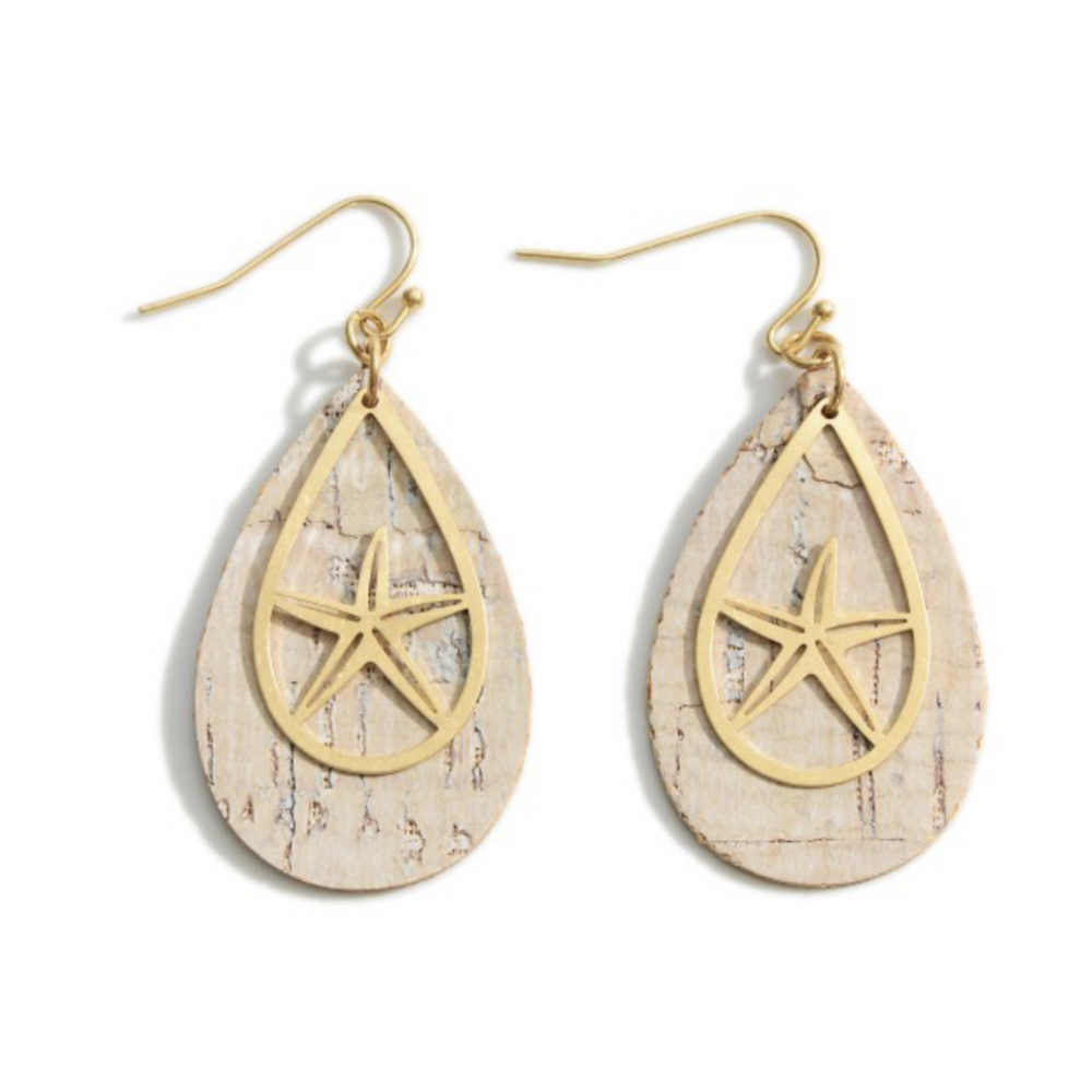 Sand Dollar & Starfish Teardrop-shaped Cork Earrings