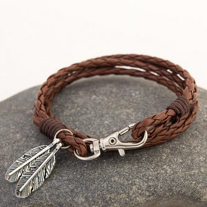 Leather Layered Rope & Feather Bracelet