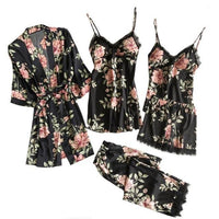 Conjunto de pijama de satén floral con encaje (5 piezas)