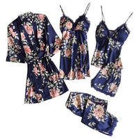 Conjunto de pijama de satén floral con encaje (5 piezas)
