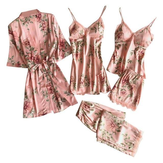 Conjunto de pijama de satén floral con encaje (5 piezas)